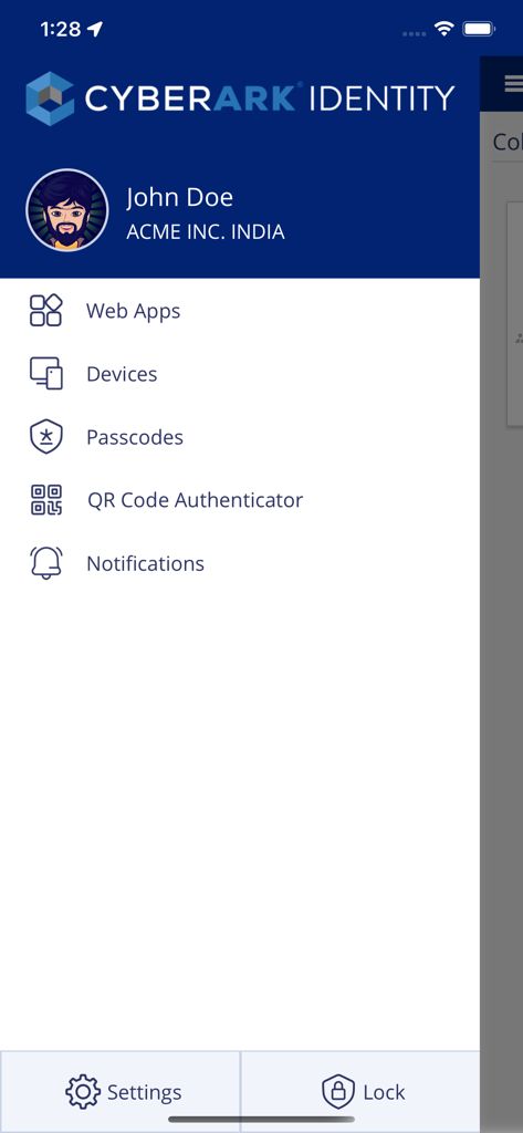 CyberArk Identity - CyberArk Identity mobile app menu showing user profile and security features like web apps and passcodes.