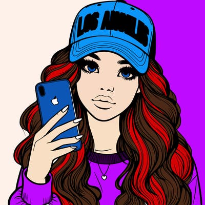 realistic beautiful girl wearing los ángeles cap holding an iphone