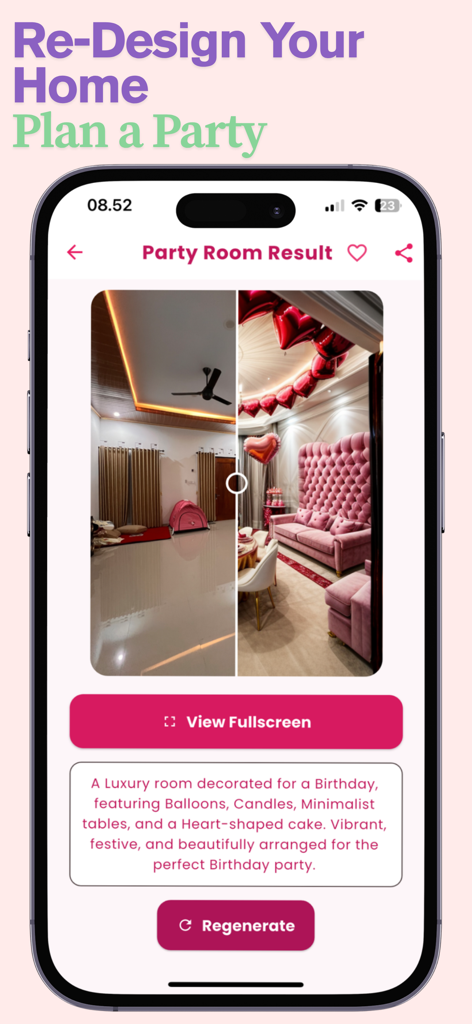 AI Party Planner & Designer - AI Party Planner app showing a side by side before and after comparison of a living room transformed into a luxury pink birthday party space