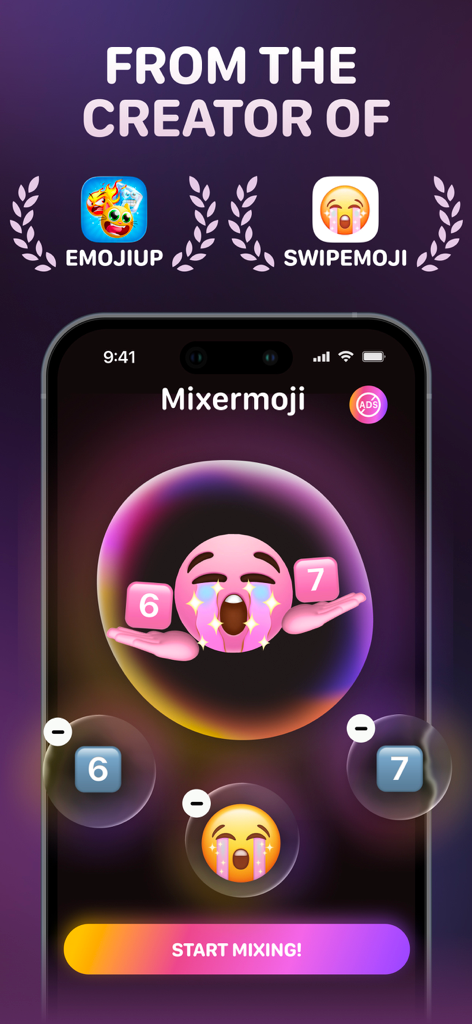 Mixermoji app interface showing the creation of a custom pink crying emoji through merging
