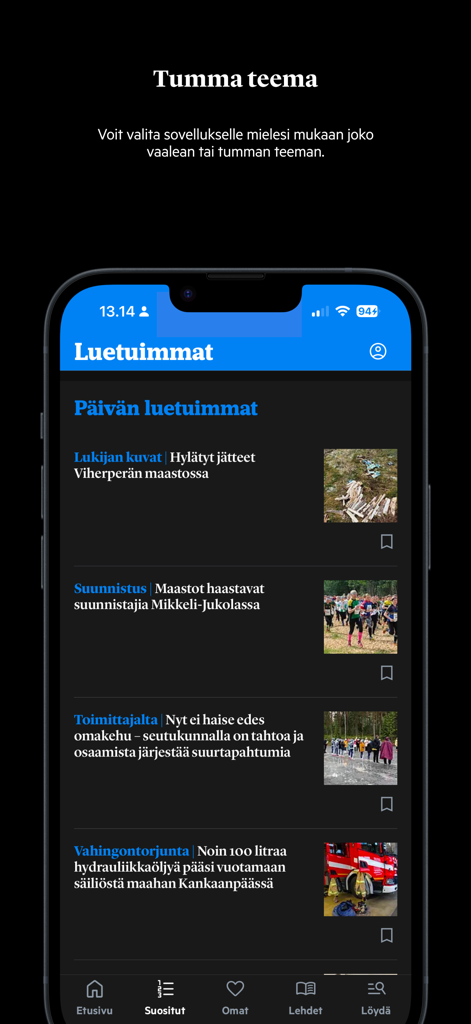 Kankaanpään Seutu - Kankaanpaan Seutu news app interface displaying articles in dark mode