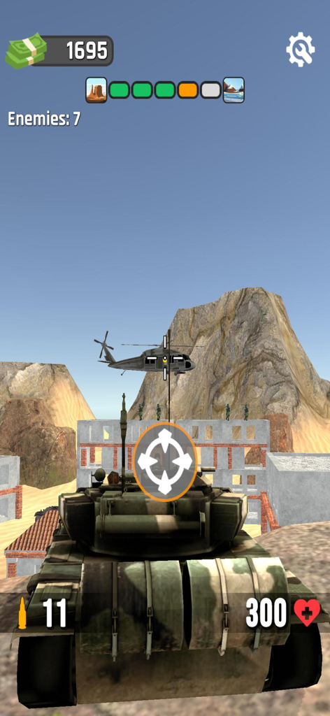 A tank aiming its cannon at a helicopter and soldiers on a building in a desert environment