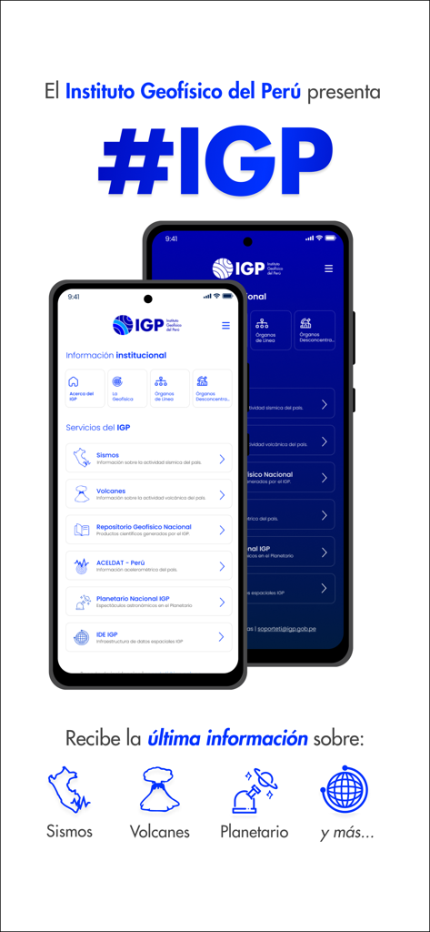#IGP - Schermata dello smartphone che mostra la home page dell'app #IGP con opzioni per allarmi sismici e vulcanici.