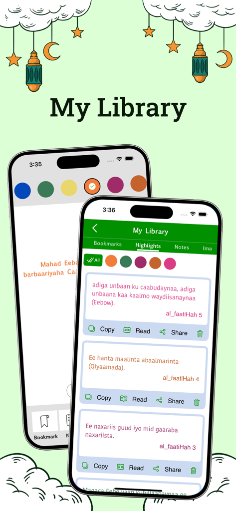 Screenshot of the My Library screen in the Somali Quran Offline app showing saved highlights and verses in Somali language.