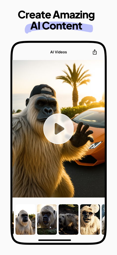 A smartphone displaying the PhotoBase app generating an AI video of a gorilla and a sports car