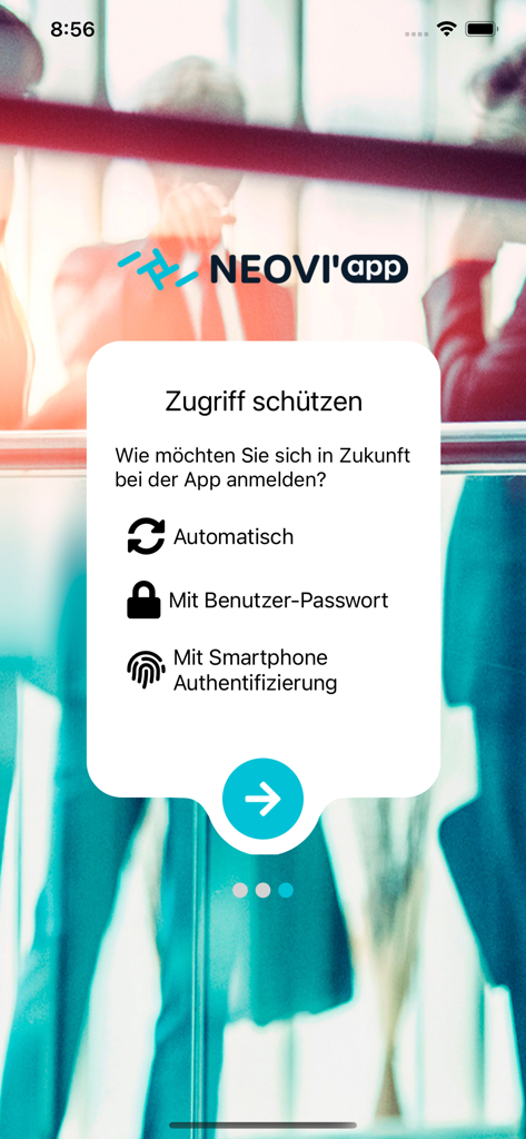 NEOVI'app - Tela de configuração de segurança do NEOVI'app mostrando opções de login para senha e autenticação biométrica
