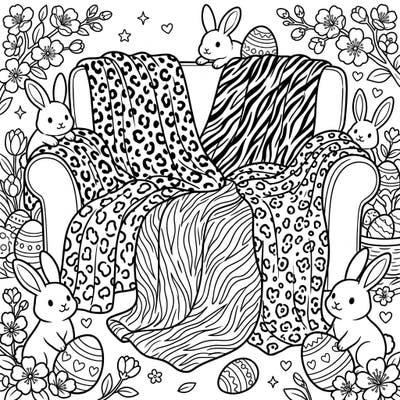 Dive into a festive fusion with this unique Easter coloring page, featuring luxurious animal print throws draped over a cozy armchair. Adorable bunnies, spring blossoms, and decorative eggs complete this charming scene, ready for your creative touch.