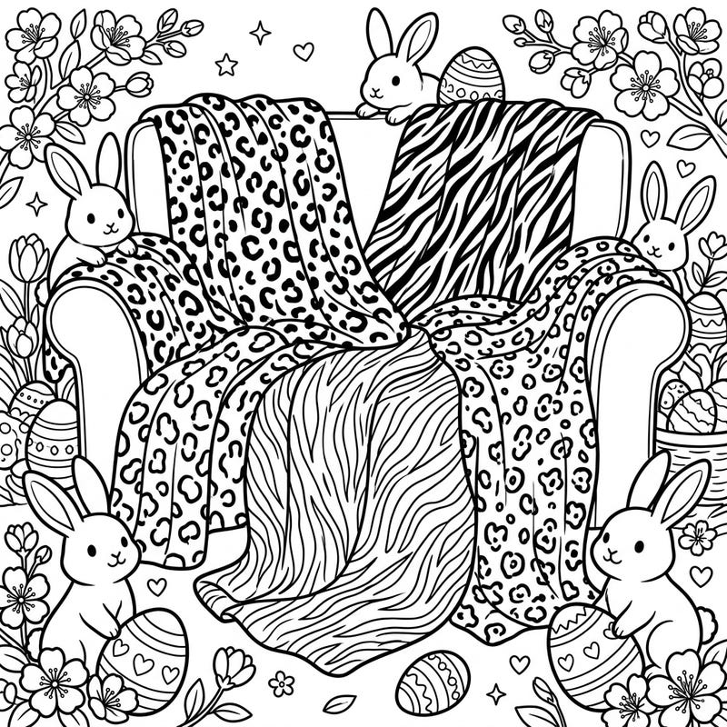 Dive into a festive fusion with this unique Easter coloring page, featuring luxurious animal print throws draped over a cozy armchair. Adorable bunnies, spring blossoms, and decorative eggs complete this charming scene, ready for your creative touch.