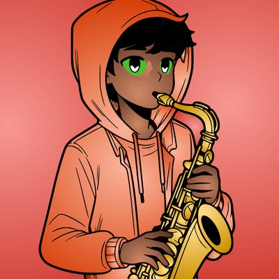 a teenage boy who wears a hoodie and plays the saxophone