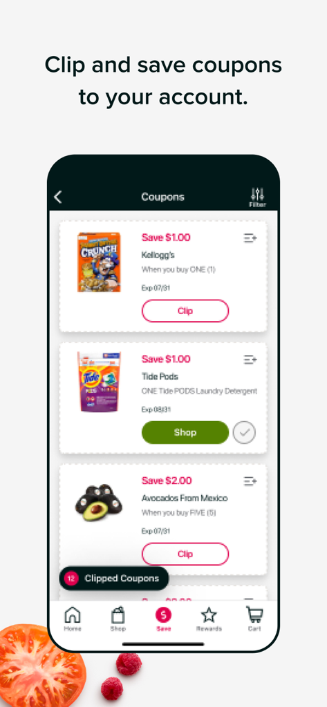Stop & Shop - Interface of the Stop and Shop mobile app showing digital coupons for various grocery products available for clipping and saving.