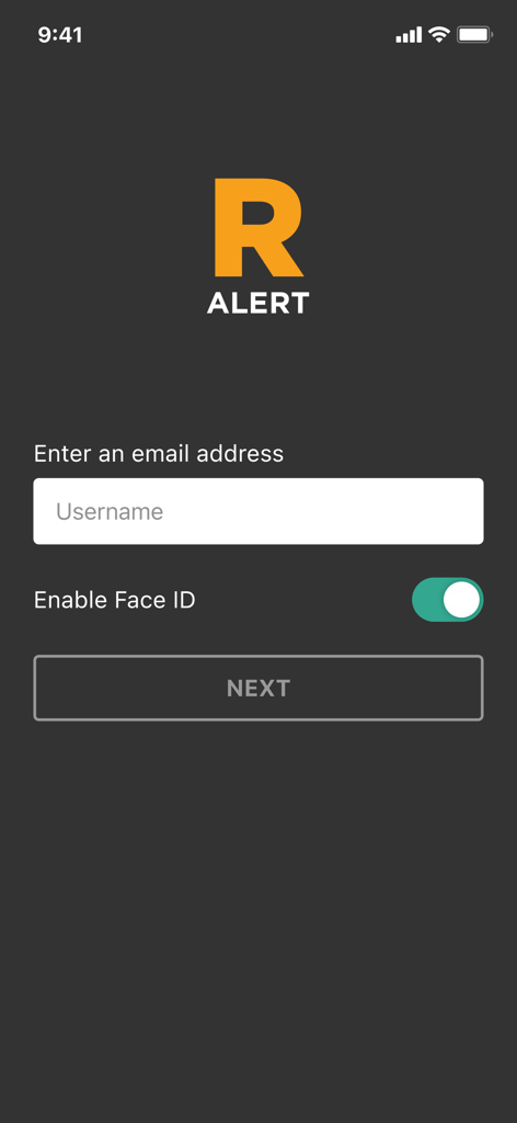 Raptor Alert - Raptor Alert app login screen with email entry and Face ID toggle