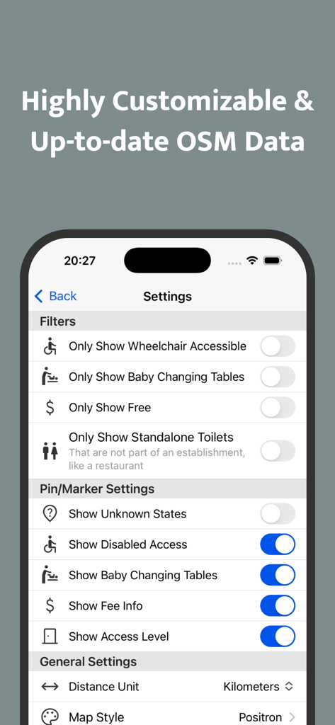 Settings screen of the Toilet Finder app showing filters for wheelchair accessibility, baby changing tables, and free locations.