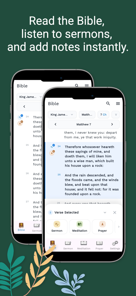 Bible Note - Sermon & Prayer - Interfaz de la aplicación Biblia Nota que muestra versículos bíblicos y opciones para añadir meditación de sermón o notas de oración a pasajes seleccionados