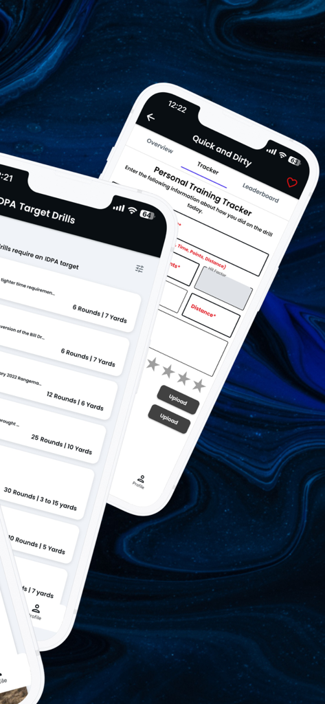 Range Buddy Pro - Range Buddy Pro app screenshots showing a list of IDPA target drills and a personal training performance tracker.