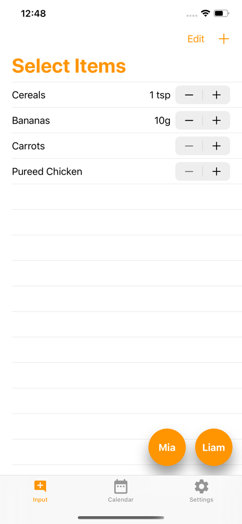 The food selection screen in the Solid Food Diary app for logging baby meals for multiple children.