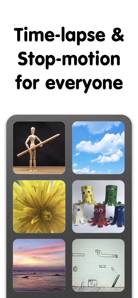 Captura de pantalla de la aplicación iMotion Pro que muestra una galería de ejemplos creativos de time-lapse y stop-motion como nubes en el cielo, puesta de sol y animación de un muñeco de madera