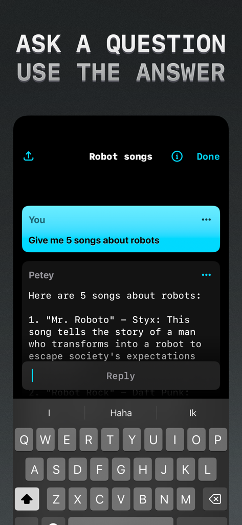 Petey - AI Chat - Petey AI chat interface on iPhone showing a user asking for robot songs and the AI responding with a list