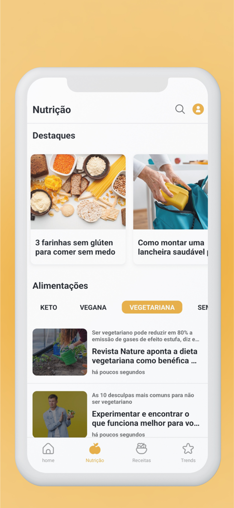 Food Balance - Mobile app interface of Food Balance showing nutrition highlights and vegetarian diet articles