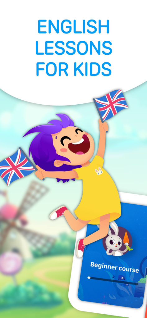 EWA Kids: English for children - Una niña feliz con banderas británicas promocionando lecciones de inglés para niños en una aplicación móvil
