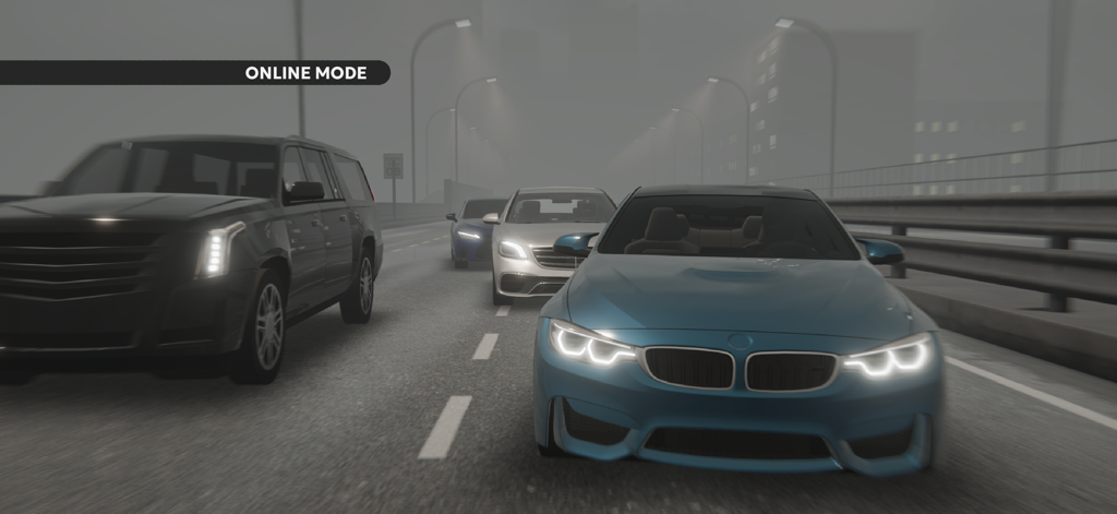 Realistic blue sports car and black SUV racing on a foggy highway in multiplayer mode