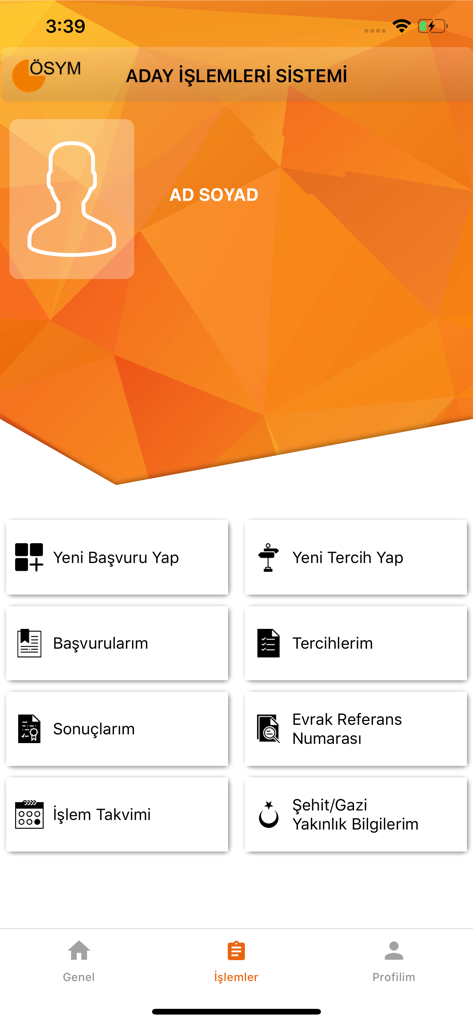 ÖSYM Aday İşlemleri Sistemi - Painel principal do aplicativo móvel do Sistema de Transações de Candidatos OSYM com opções de inscrição e resultado de exames