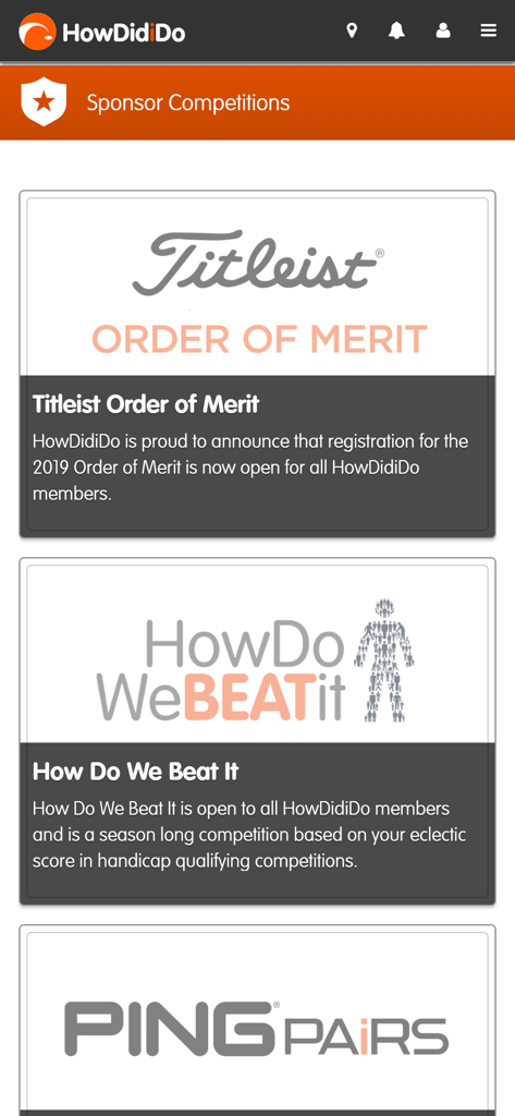 HowDidiDo App - Interface of the HowDidiDo mobile app displaying sponsored golf competitions and order of merit lists