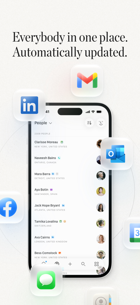 Clay app interface displaying a contact list and floating integration icons for LinkedIn Gmail and Outlook