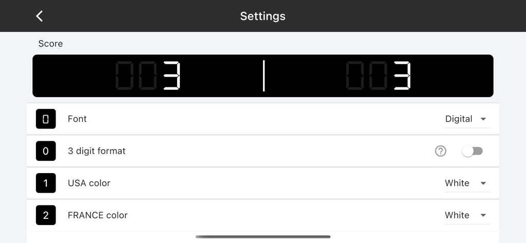 Simple Basketball Scoreboard - Settings menu for the Simple Basketball Scoreboard app featuring font and team color options