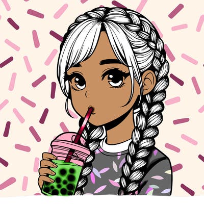 realistic girl with braided hair drinking boba