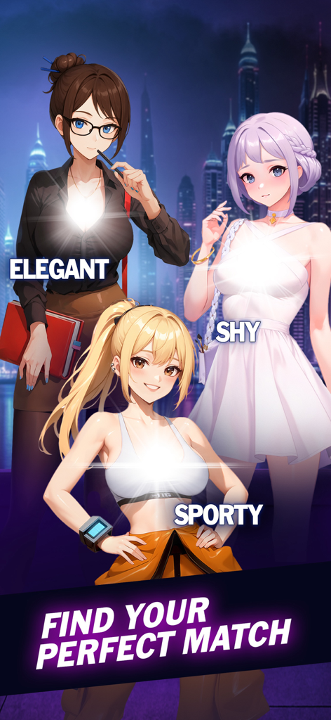Three anime female characters labeled elegant shy and sporty with the text find your perfect match