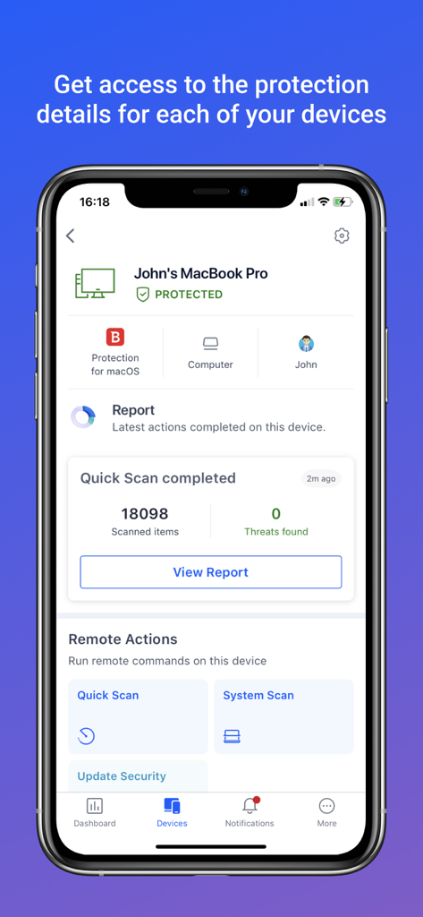 Capture d'écran d'un smartphone affichant les détails de l'application Bitdefender Central et les options d'analyse à distance pour un MacBook Pro.