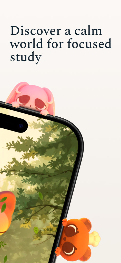 Petimer: Pomodoro & Study Pets - A smartphone screen showing cute pink and orange pets peeking from a calm forest background for focused study.