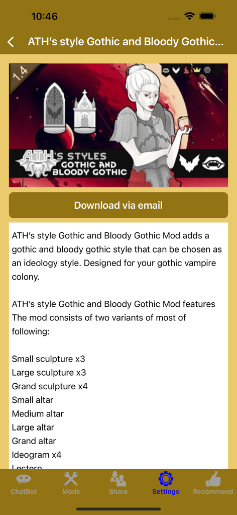 RimW - Game Mods (RW, Rim) - RimWアプリの画面で、RimWorld用Gothic and Bloody Gothic MODの詳細を表示