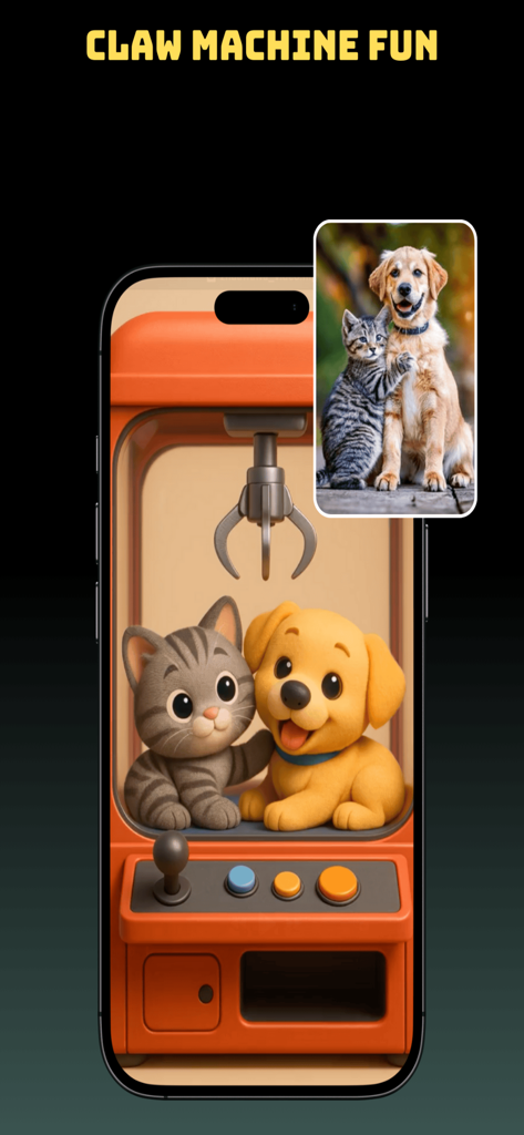 NanoBanana: AI Video Generator - 고양이와 개의 실제 사진을 AI 생성 클로 머신 장면 애니메이션으로 변환하는 나노바나나 앱 인터페이스