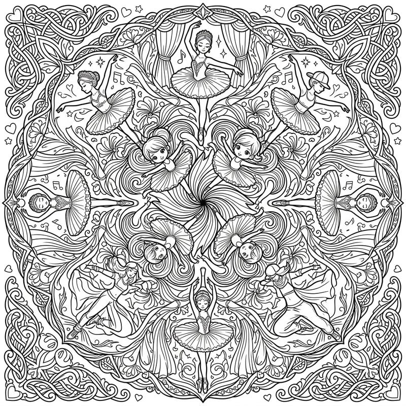 Immerse yourself in the artistic world of dance with this captivating mandala coloring page, featuring graceful ballerinas and dynamic hip-hop dancers. This intricate design offers a beautiful fusion of movement and symmetrical art for colorists of all ages.