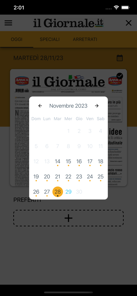 il Giornale Digitale - Archive calendar interface for selecting past newspaper editions in the il Giornale Digitale app