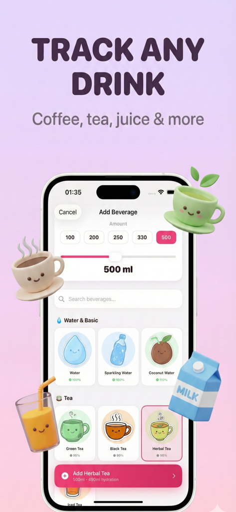 Water Reminder - DropWise - DropWise mobile app screen for logging water coffee and tea intake