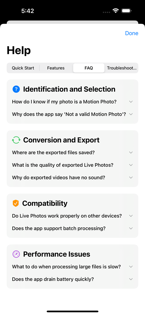 Help and FAQ screen of the Motion2Live app displaying sections for photo identification, conversion, compatibility, and performance.