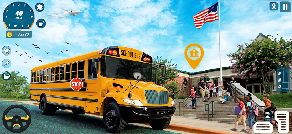 School Bus Driving Game 3D - A yellow school bus parked at a school in a 3D driving simulator game