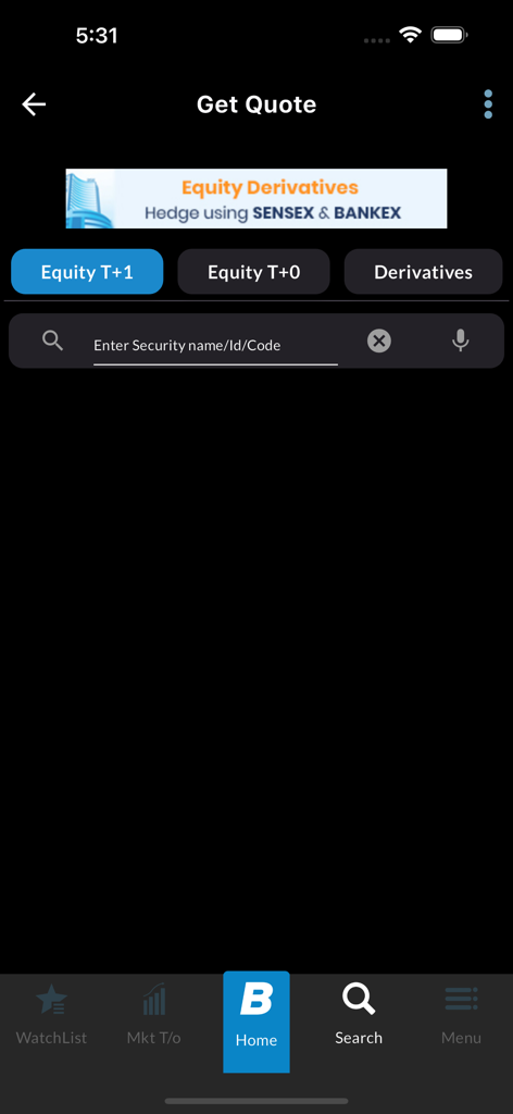 BSEIndia on Mobile - Interface of the BSEIndia on Mobile app showing the Get Quote search bar for equities and derivatives