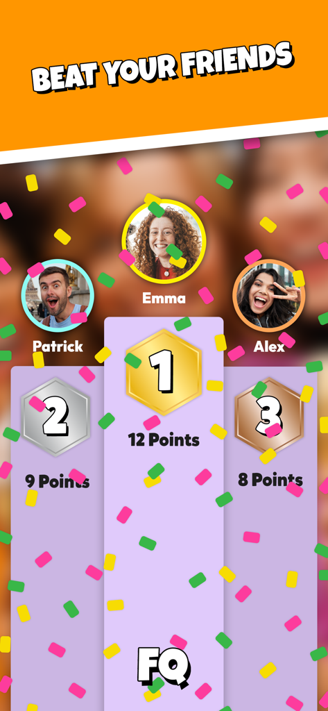 A colorful leaderboard screen in Friends Quiz showing player rankings and points with confetti