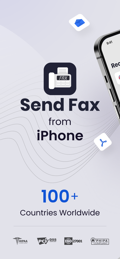 Interface de l'application Smart Fax pour l'envoi de fax depuis l'iPhone vers plus de 100 pays avec des certifications de conformité sécurisées
