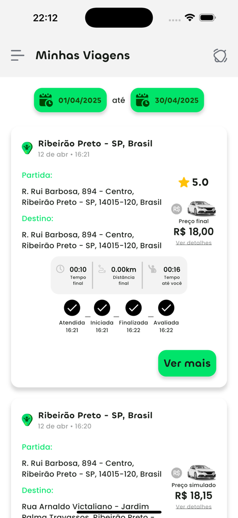 POP call - pedidos em massa - POP call delivery trip history screen with address and status details