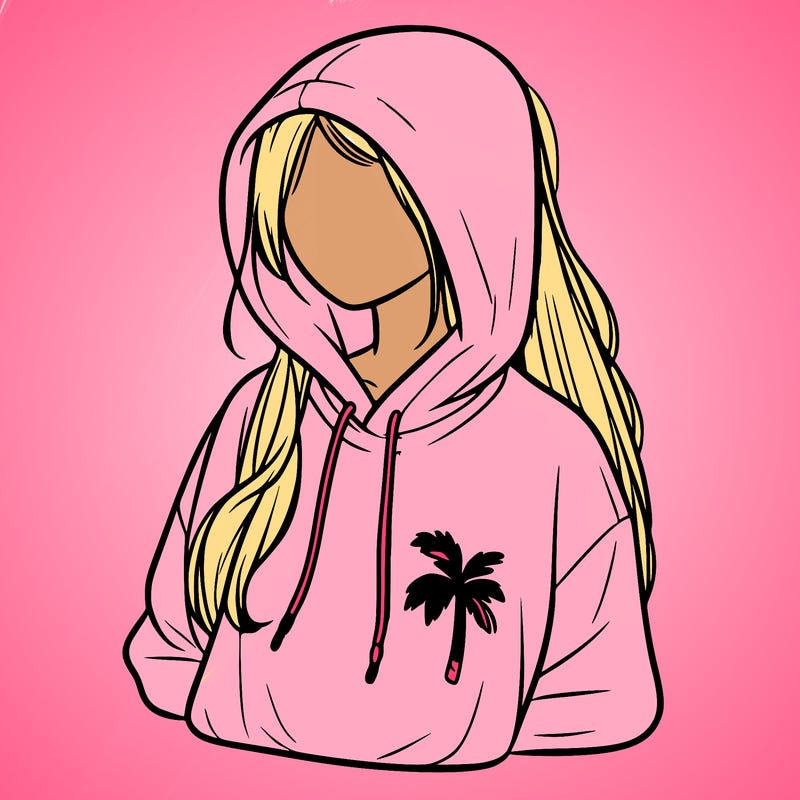 pink palm puff hoodie on realistic girl