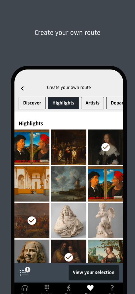 Rijksmuseum - Rijksmuseum app screen showing a grid of artworks for users to select and create a custom museum tour route