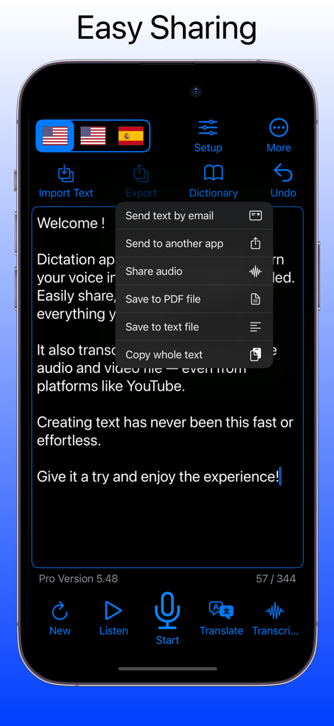 A mobile interface of the Dictation to Text app showing an export menu with options to share text via email, save as PDF, or copy text.