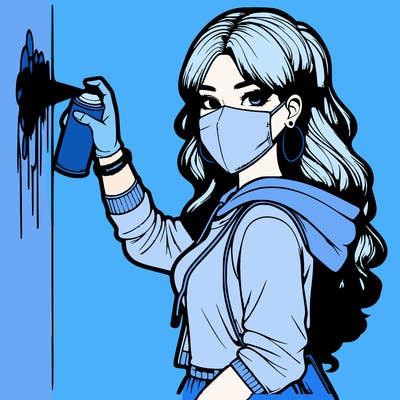 realistic girl with mask spray painting a wall