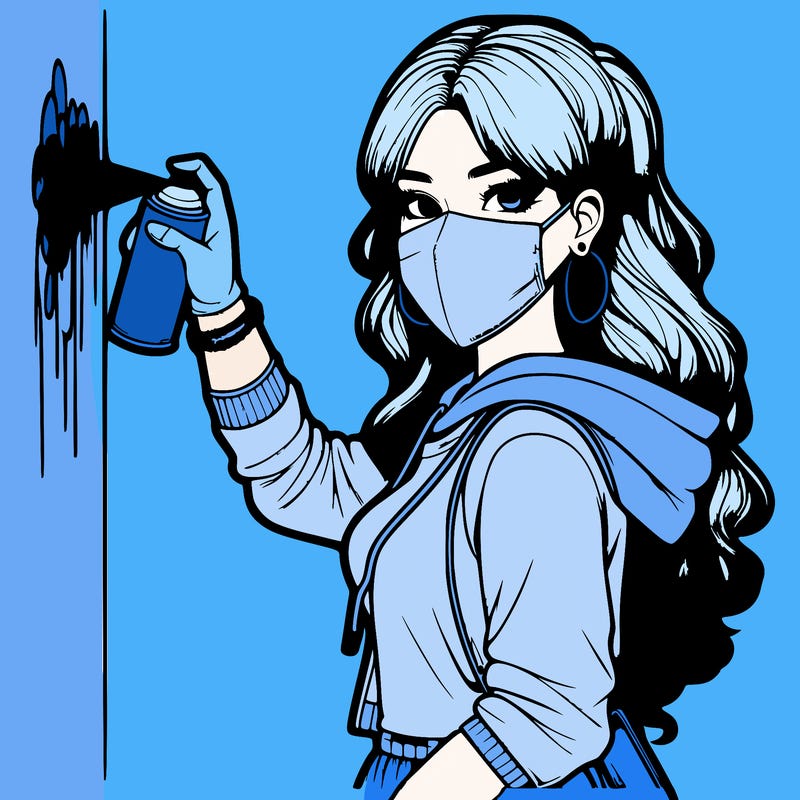 realistic girl with mask spray painting a wall