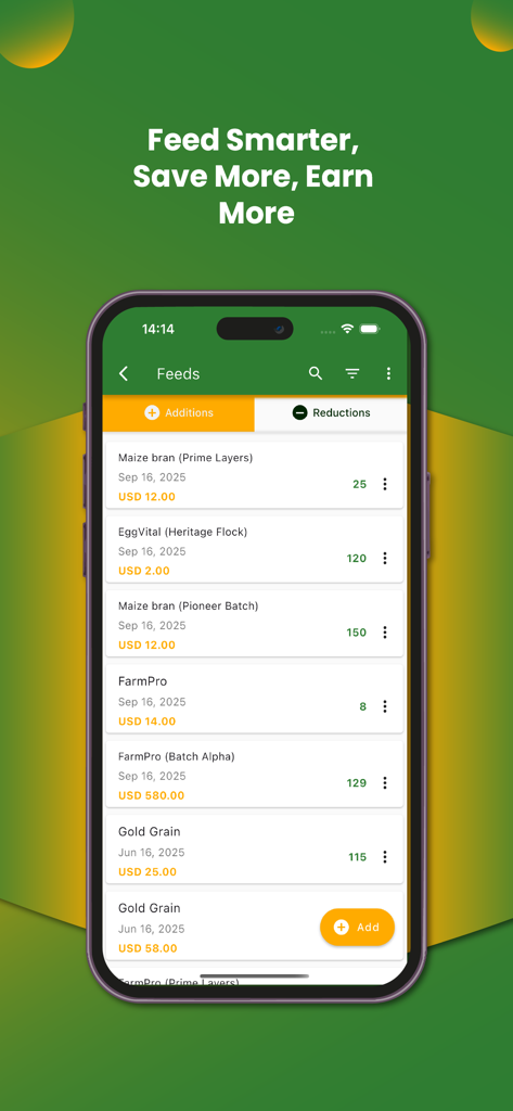 My Poultry Manager - Farm app - La pantalla de gestión de alimentos de la aplicación My Poultry Manager que muestra una lista de adiciones de alimentos con costos y cantidades para varios rebaños.