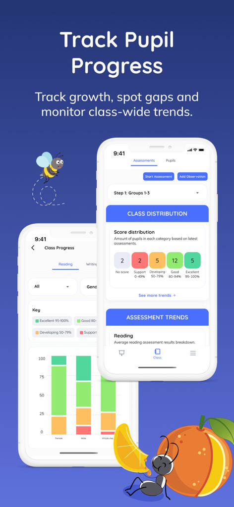 Jolly Classroom: Teach Phonics - Dashboard showing student phonics progress and class assessment distribution